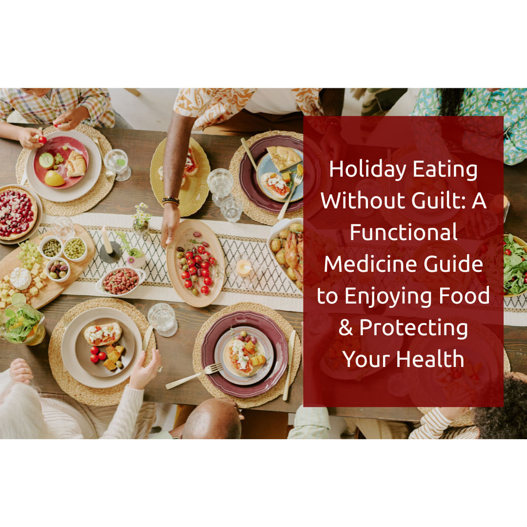 healthy holiday meal with protein, vegetables, and festive decor, representing balanced eating during the holidays using functional medicine principles.