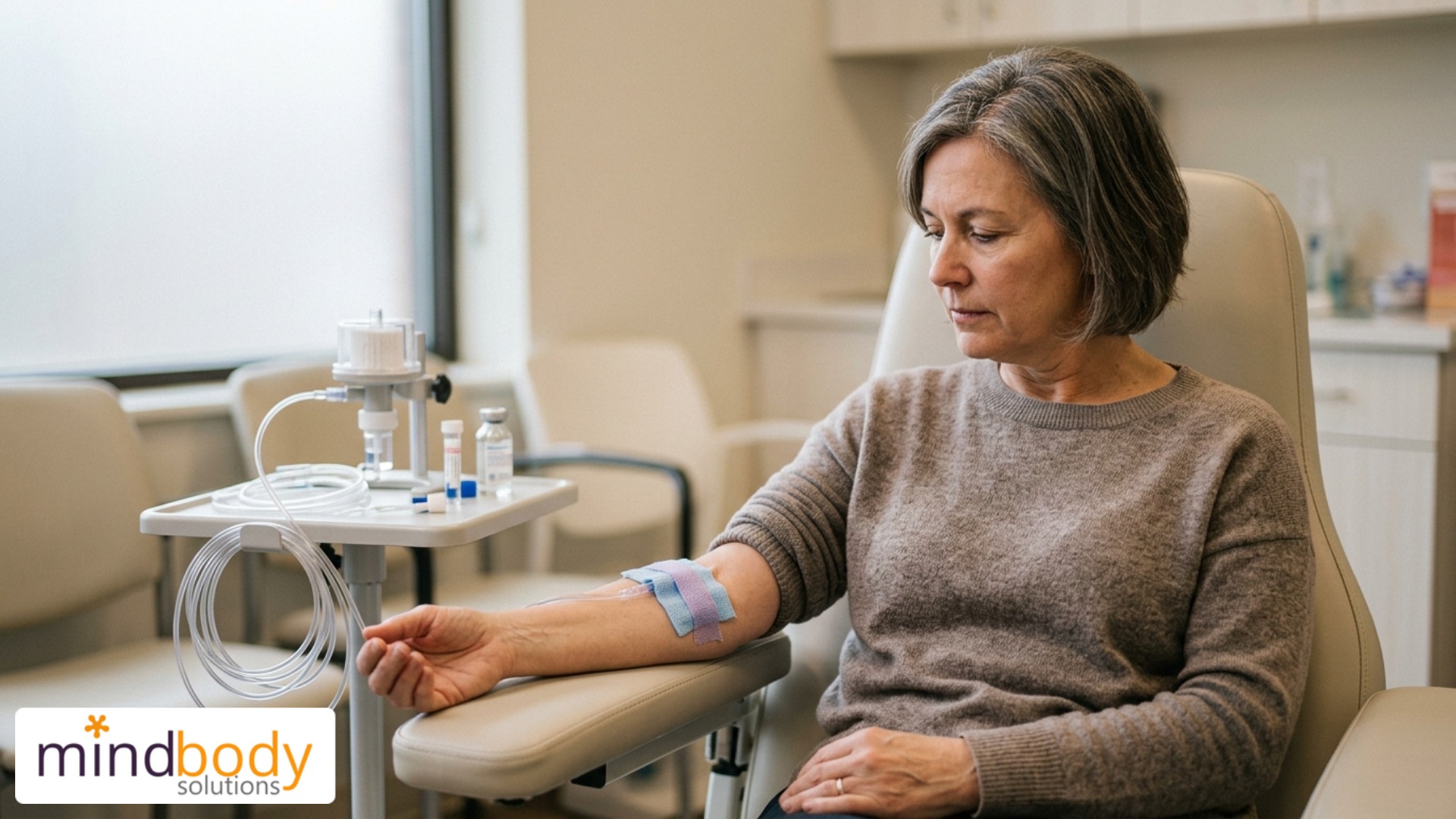 Clinician administering EBOO blood treatment for mental fogginess and fatigue in Houston