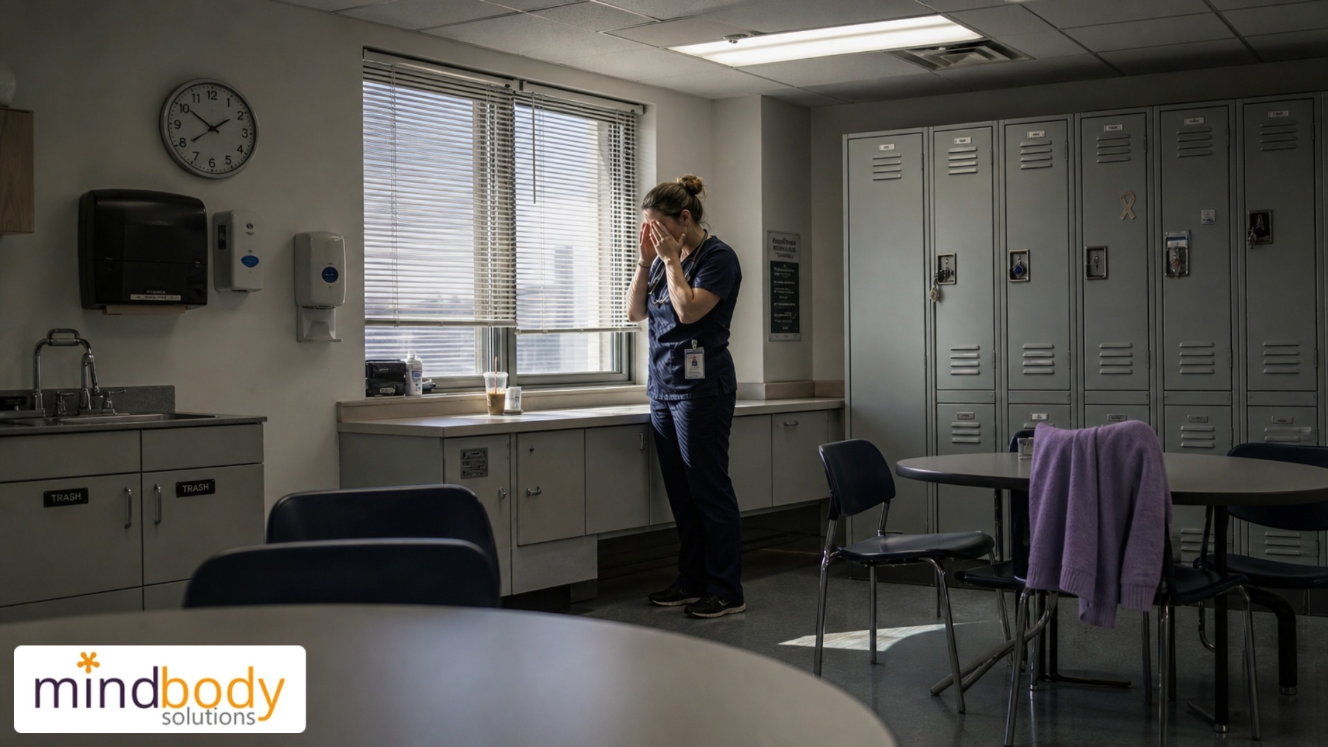 Tired night-shift nurse rubbing eyes from brain fog tiredness at hospital