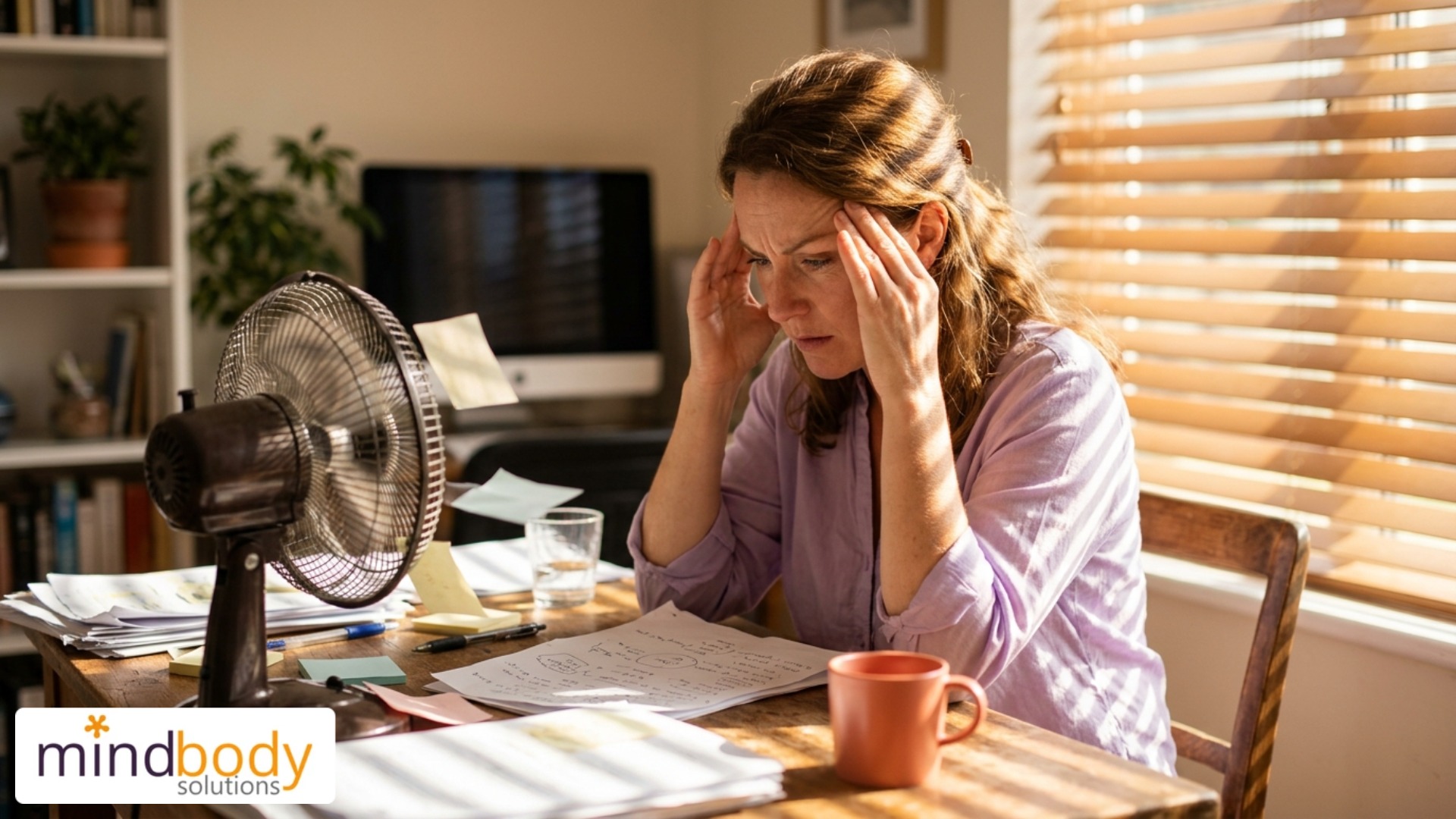 Exhausted woman in summer heat experiencing fatigue and mental fog from thyroid dysfunction
